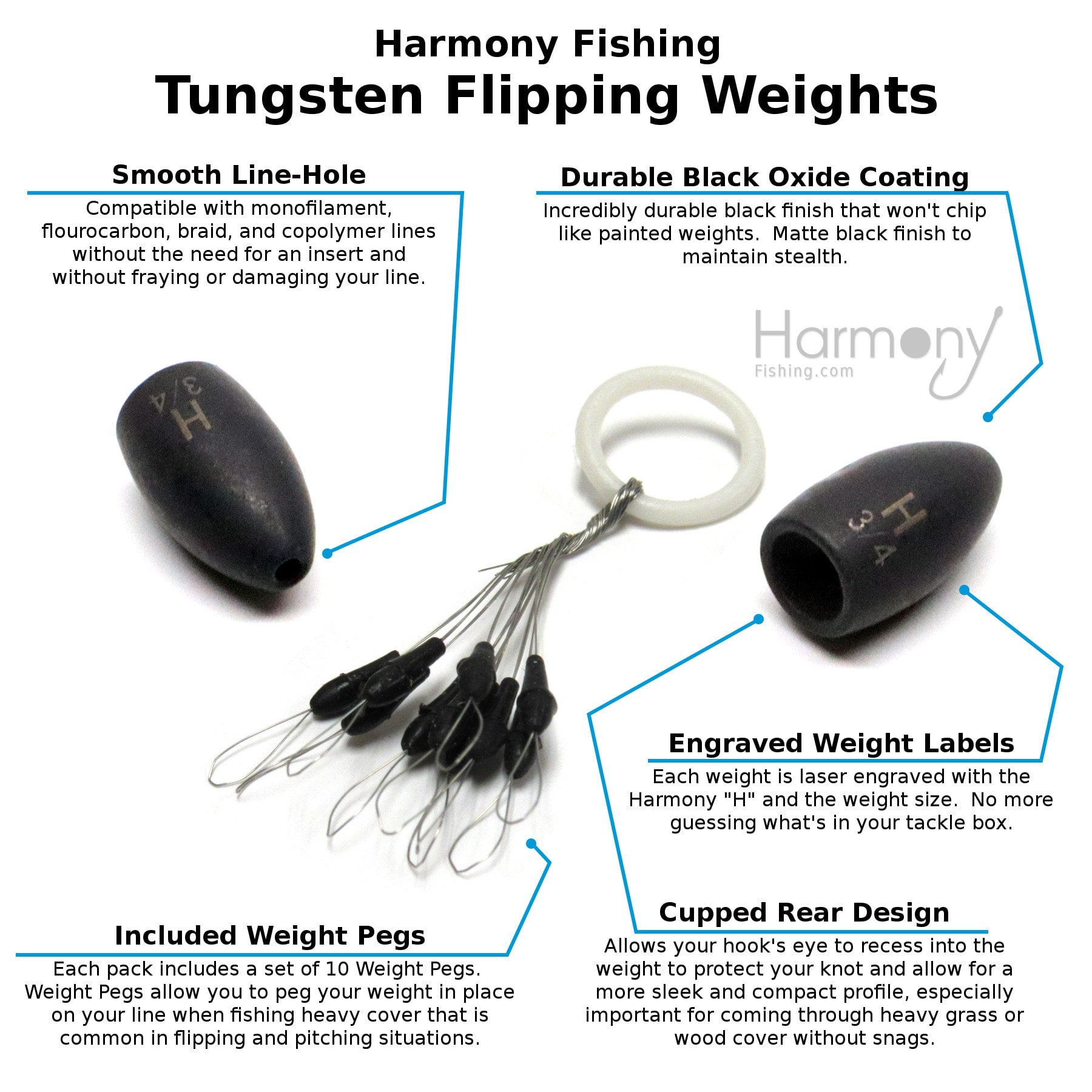Harmony Fishing - Tungsten Flipping Weights Select Size/Qty for bass  Fishing Includes Weight Pegs 1/4 oz 6 Pack 