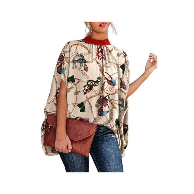 VISgogo Blusa de verano para mujer, manga de murciélago, camisa informal lisa/estampada con cuello simulado, blusas sueltas para mujer VISgogo moda