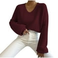 thumbnail image 2 of Qetyuw Cropped Sweater for Women Crochet Knitted Lantern Long Sleeve V Neck Sweaters Solid Color Casual Pullover Jumper, 2 of 6