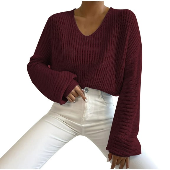 XuJwPNcy Cropped Sweater for Women V Neck Lantern Sleeve Oversized Knitted Pullover Fall Sweaters Tops