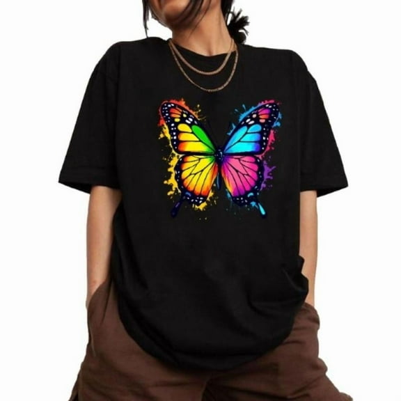 Fashion Forward Womens Butterfly Graphic Tee Shirt Short Sleeve Crew Neck Colorful Stylish Tops Black S-5XL