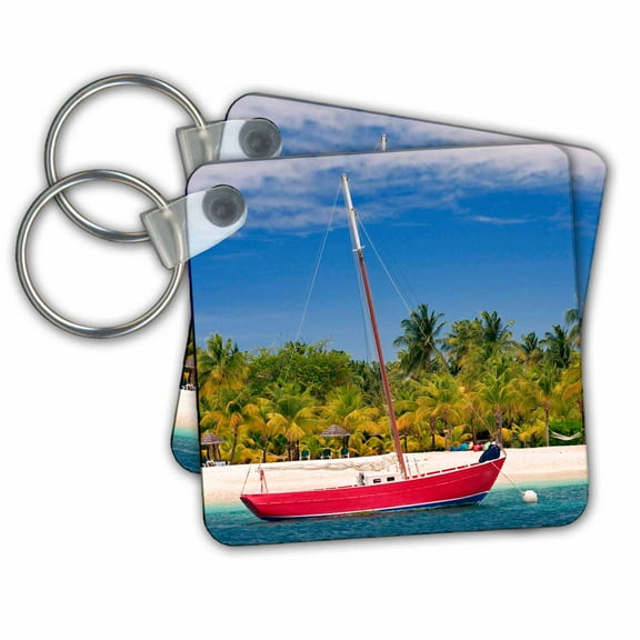 3dRose, Red Sailboat moored off of Palm Island, Grenadines, set of 2 Key Chains