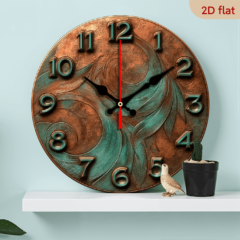 2D Flat 1pc 10Inch Wooden Modern Minimalist Wall Clock - Silent Non-Ticking Quartz Movement, Elegant Copper Curve Design in Antique Bronze Finish - Battery-Powered (AA Not Included) - for Living