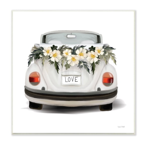 Stupell Industries Love Text White Convertible Car Flower Blossom Wreath Wood Wall Art, 12 x 12, Design by House Fenway