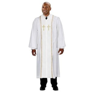 Peachskin Poly/Velvet Clergy Robe With Gold Embroidery-Gold Lace Trim-White-Medium Short