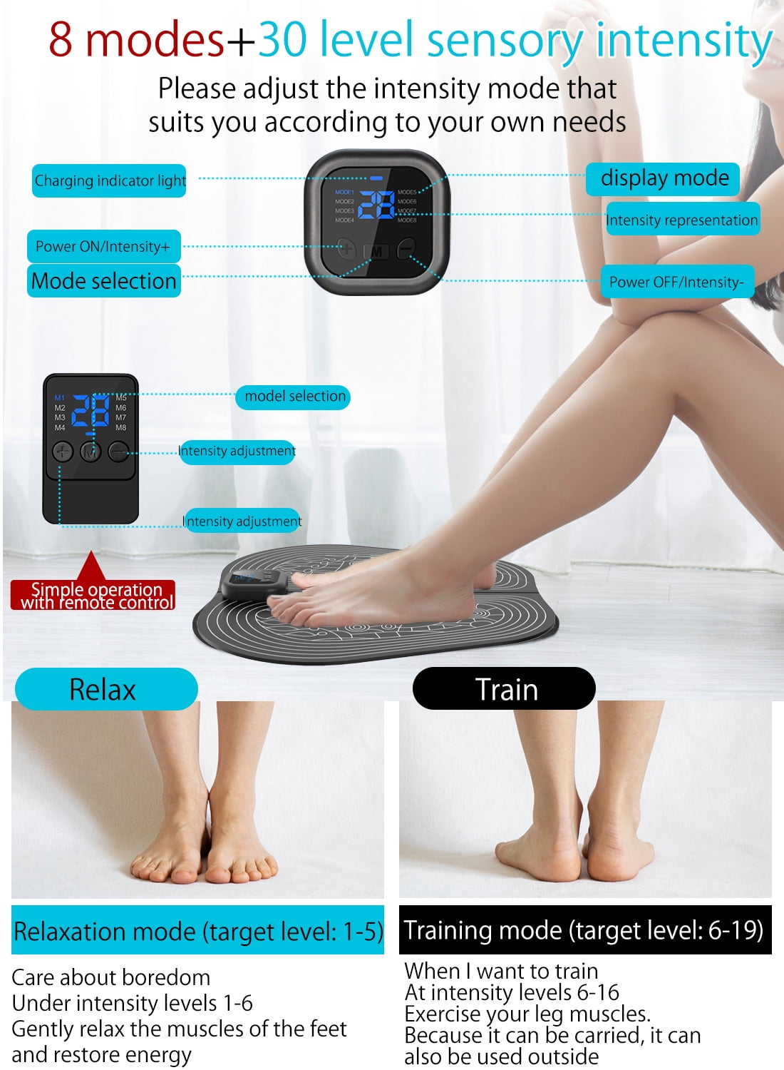 EMS Electric Foot Massager Mat Pad Remote Control USB LED Portable Rechargeable for Men Women 8 Modes 30 Intensity Levels