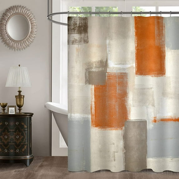 Orange Shower Curtain Set, Abstract Geometric Fabric Shower Curtain, Vintage Rustic Cloth Shower Curtains for Bathroom Decor, Modern Orange Cloth Art Shower Curtain, 72 x 72