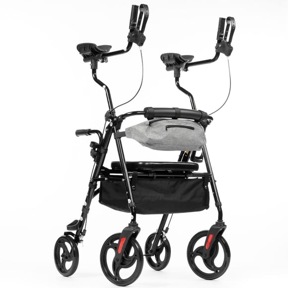 ZENART Upright Rollator Walker, Stand Up Walker for Seniors with 10" Wheels, Sponge Padded Seat, Black