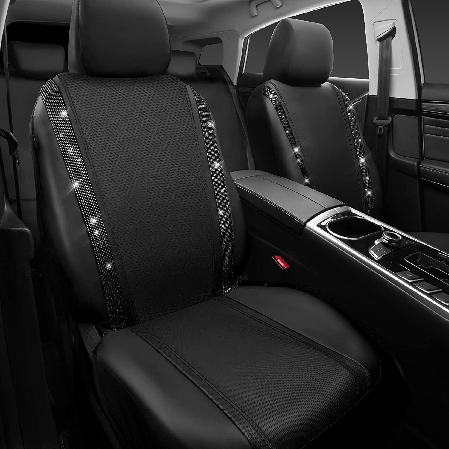 CAR GRAND Bling Car Seat Covers Front Pair, Shining Rhinestone Diamond Waterproof Faux Leather, Universal Fit Automotive Glitter Crystal Sparkle Strips for Cute Women Girl, black