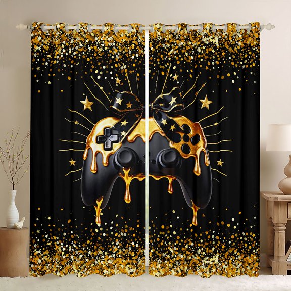 jejeloiu Kids Gamepad Gamer Black Out Curtains,Gold Black Bowtie Curtains Pack of 2 (42x63 Each) For Teens