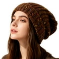 thumbnail image 2 of Korean Style Knitted Beanie, Autumn Winter Warm Slouchy Hat with Rainbow Bean Design, Large Head Circumference Pullover Cap, Face Slimming Oversized Acrylic Stocking Hat for Women and Men - Coffee, 2 of 4