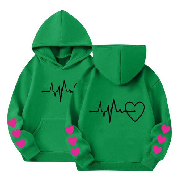 CPNG Girls Hoodies Tops Heart Print Long Sleeve Hooded Sweatshirts with Front Pocket Kids Loose Fit Daily Pullover Sweatshirt
