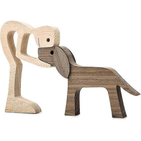 Wooden Sculptures Handmade Accents Craft Figurine for Home Decor Accents, Man and Dog Wooden Statue, Animal Sculptures Collection, Gift for Men Women