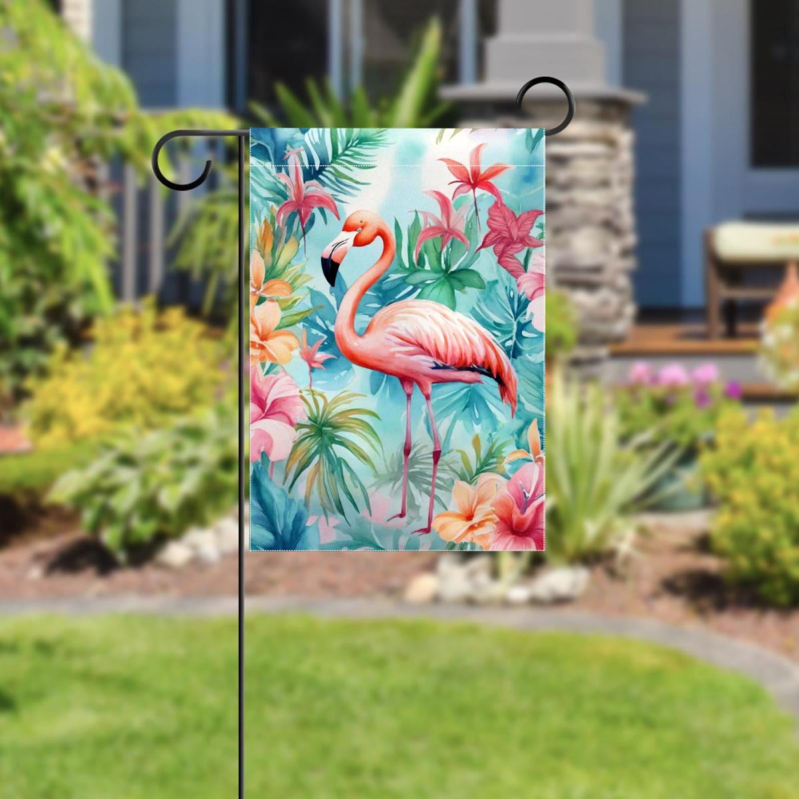 Tropical Palm Leavs FLower Flamingo Double Sided Garden Flag Decorative Weather Resistant Yard Flag, Large DIY Vertical Flag for Farmhouse Patio Lawn, 28x40 Inch