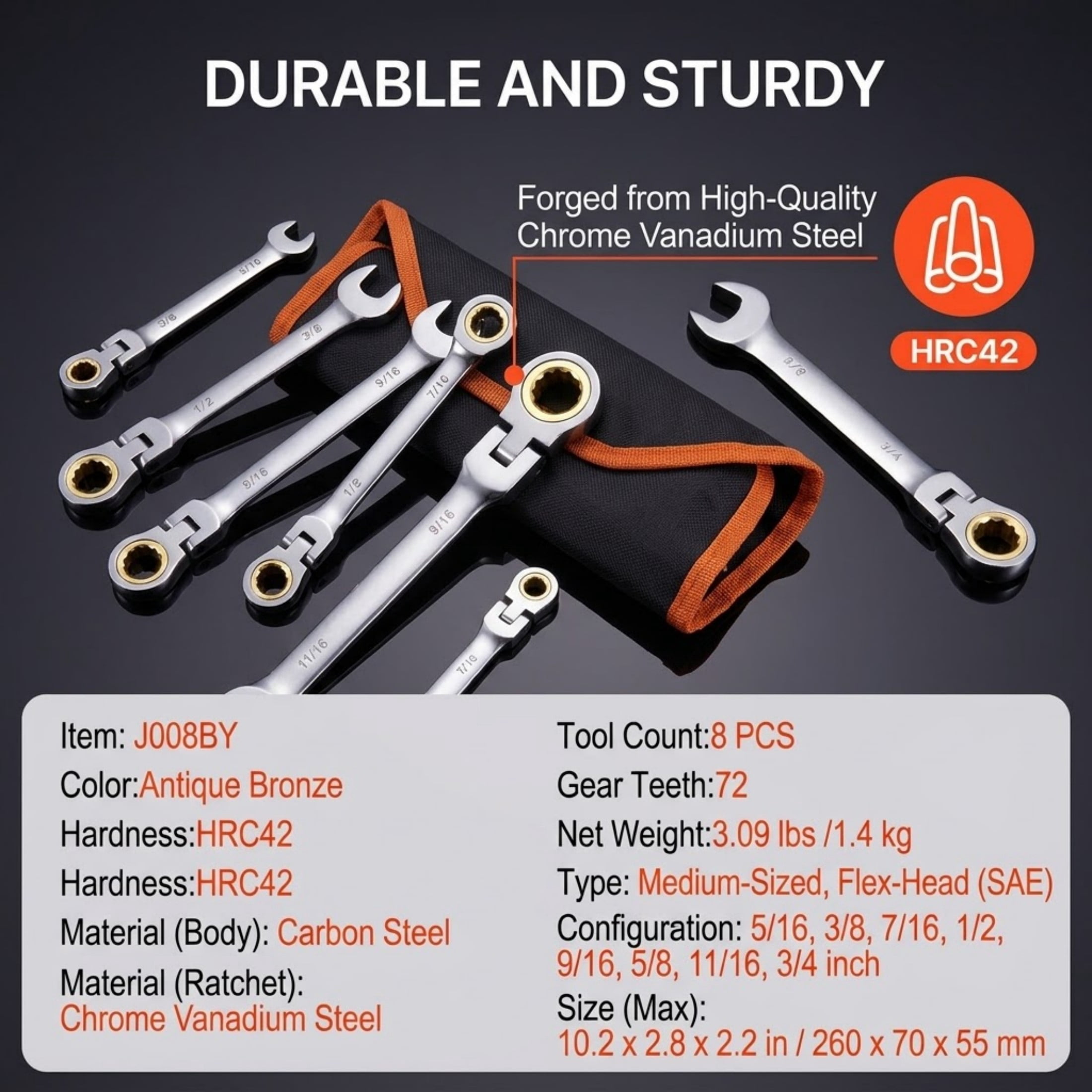 8-Piece Flex-Head Ratcheting Wrench Set, SAE 5/16" to 3/4" Combination Wrench Set with Roll-up Pouch, Cr-V Steel