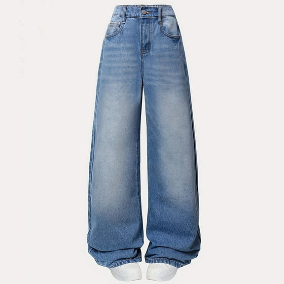 GBSYEWXS Toddler Teen Girls Jeans Wide-Leg Relaxed Solid Color Elastic Waist Relaxed Light Blue Denim Pant Size 4 Years--5 Years