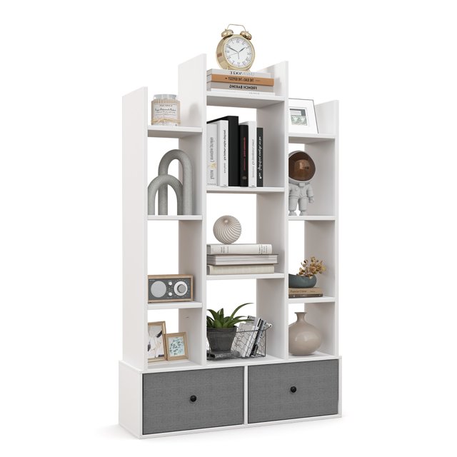 Costway Modern Bookshelf Rustic Wooden Shelf Organizer with 2 Non-woven Fabric Drawer