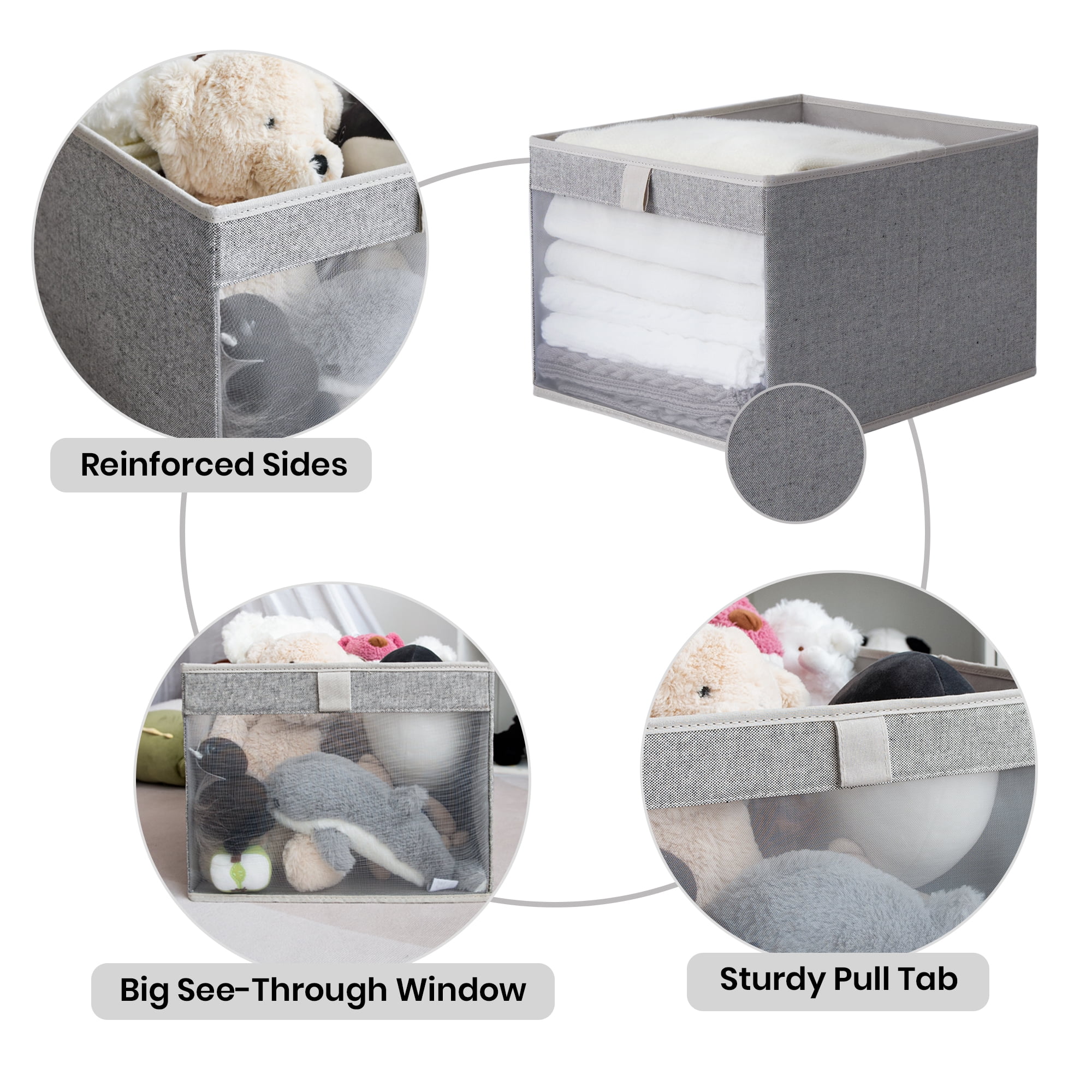 Foldable Storage Bins With PVC Window, Fabric Collapsible Storage Box For Closet Organization, Stackable Container, Gray, Large,15.2"x12.6"x10"