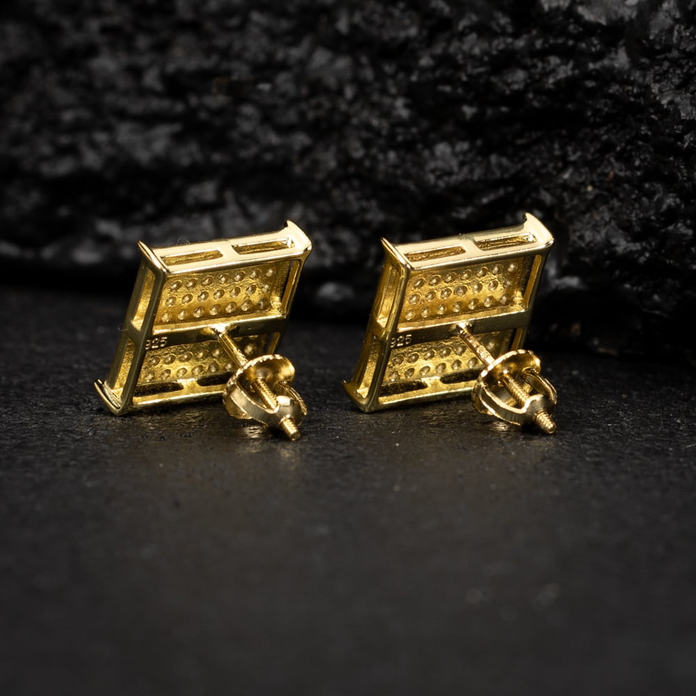 Large 14K Yellow Gold Plated 925 Sterling Silver Screw Post Mens Canary Yellow 5A Cz Big Square Flat Screen Iced Hip Hop Micro Pave  Stud  Earrings