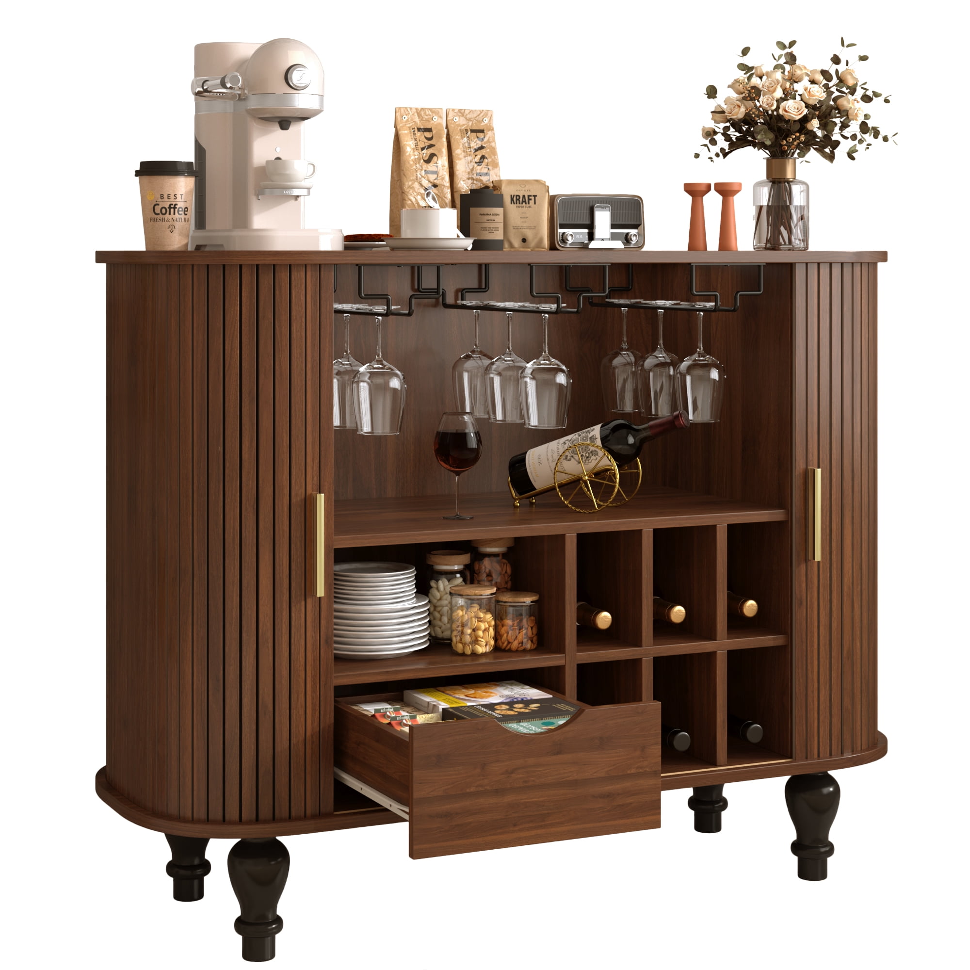 Mintazer 39" Modern Wine Bar Cabinet with Fluted Doors & Drawer, Storage Cabinet with 6 Wine Racks and 3 Glass Holders for Kitchen Living Room, Walnut