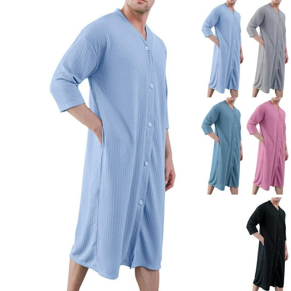 Sakmal Big and Tall Moo Moo for Men Long Sleeve Pajama Sleep Dress V Neck Black Mens Nightgown with Pockets