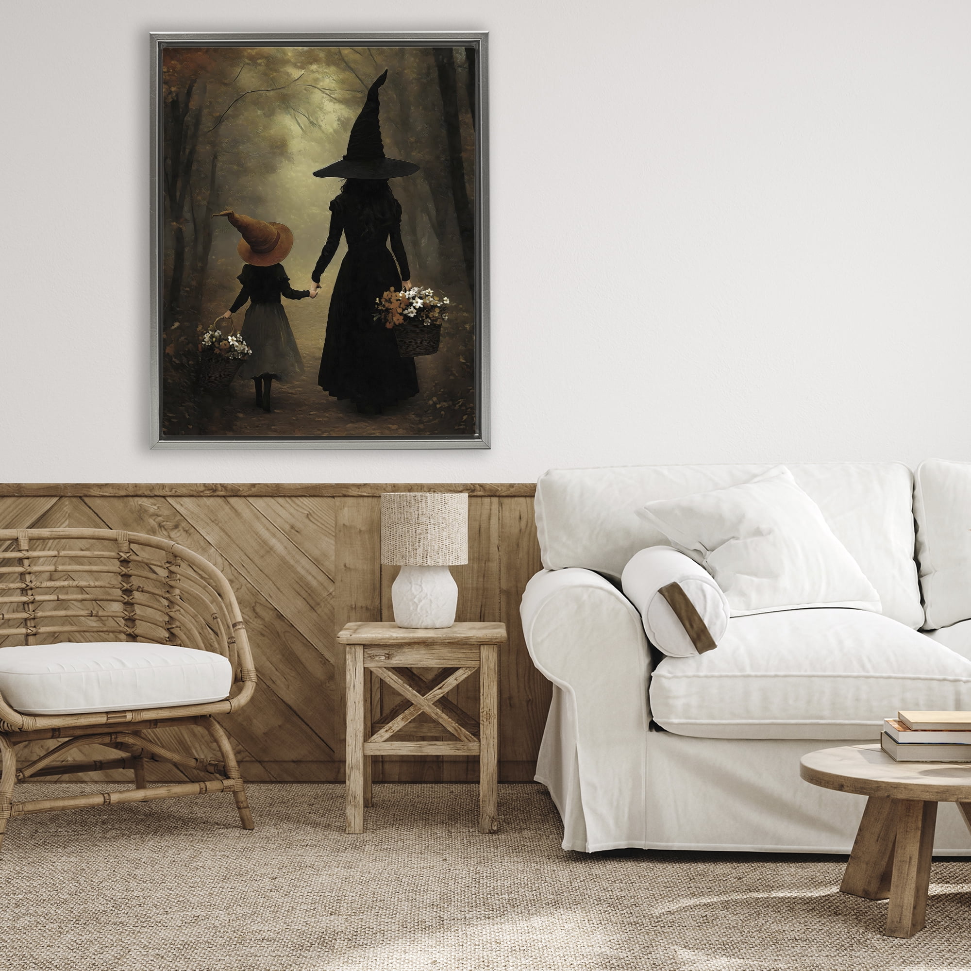 Witch & Daughter Mystical Forest Gray Framed Floater Canvas Wall Art, design by Arlington Prints