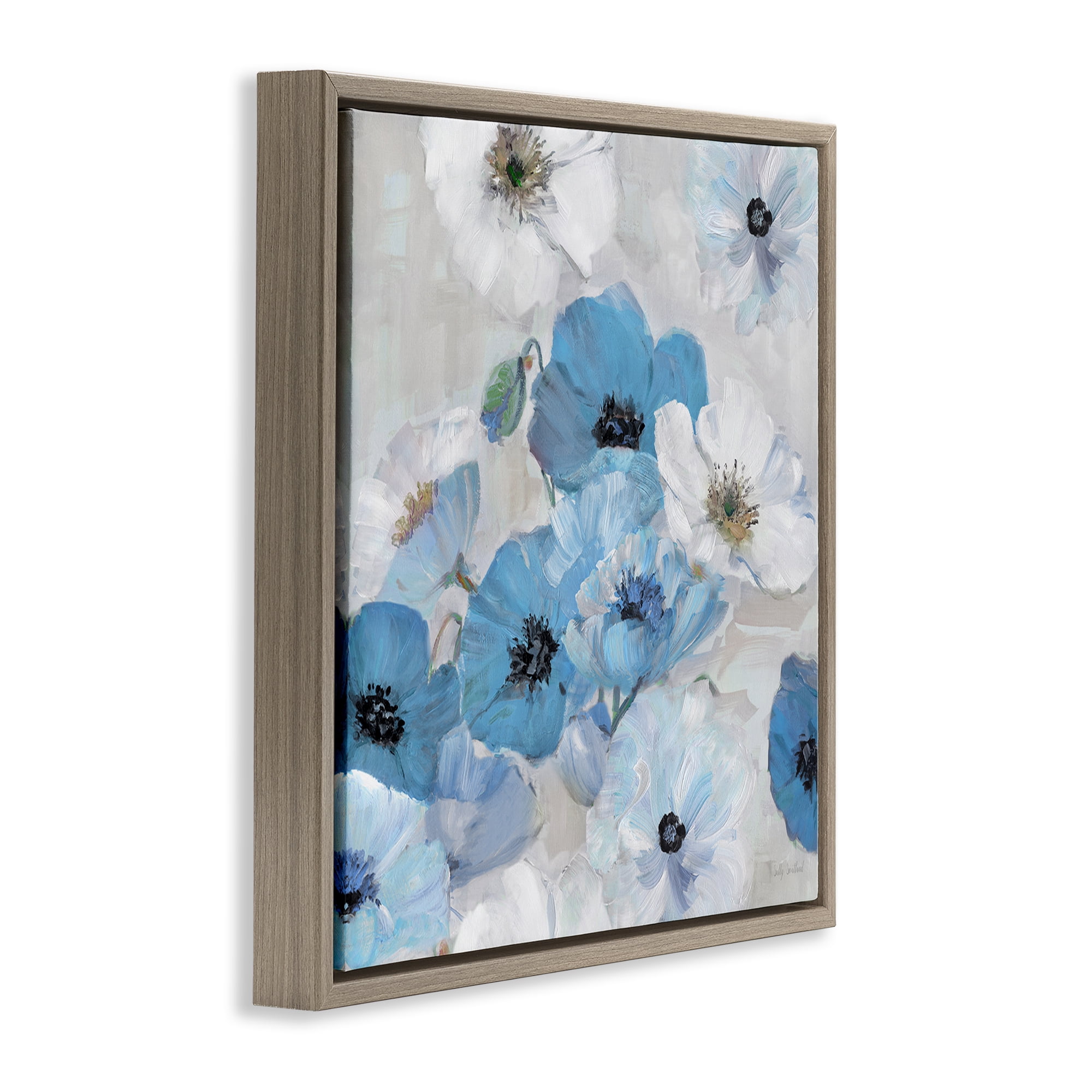 Stupell Industries Blue & White Flowers Plants & Flowers Painting Brown Floater Framed Canvas Art Print Wall Art, 25 x 25