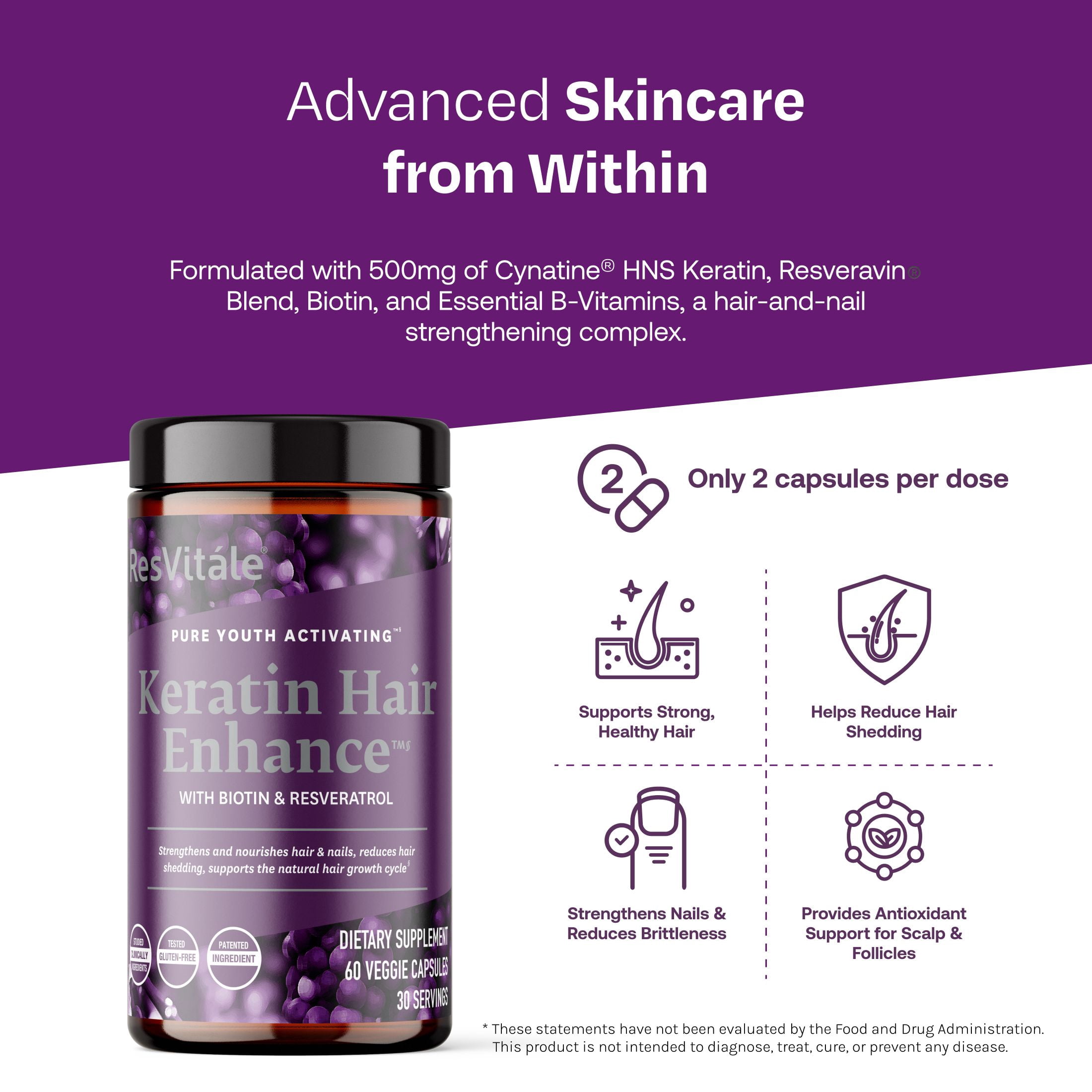 ResVitale Keratin Hair Enhance - Keratin Complex for Hair, Skin and Nails - Keratin Hair Supporter with Resveratrol, Biotin, Vitamin B6, & Pantothenic Acid - 60 Veggie Caps