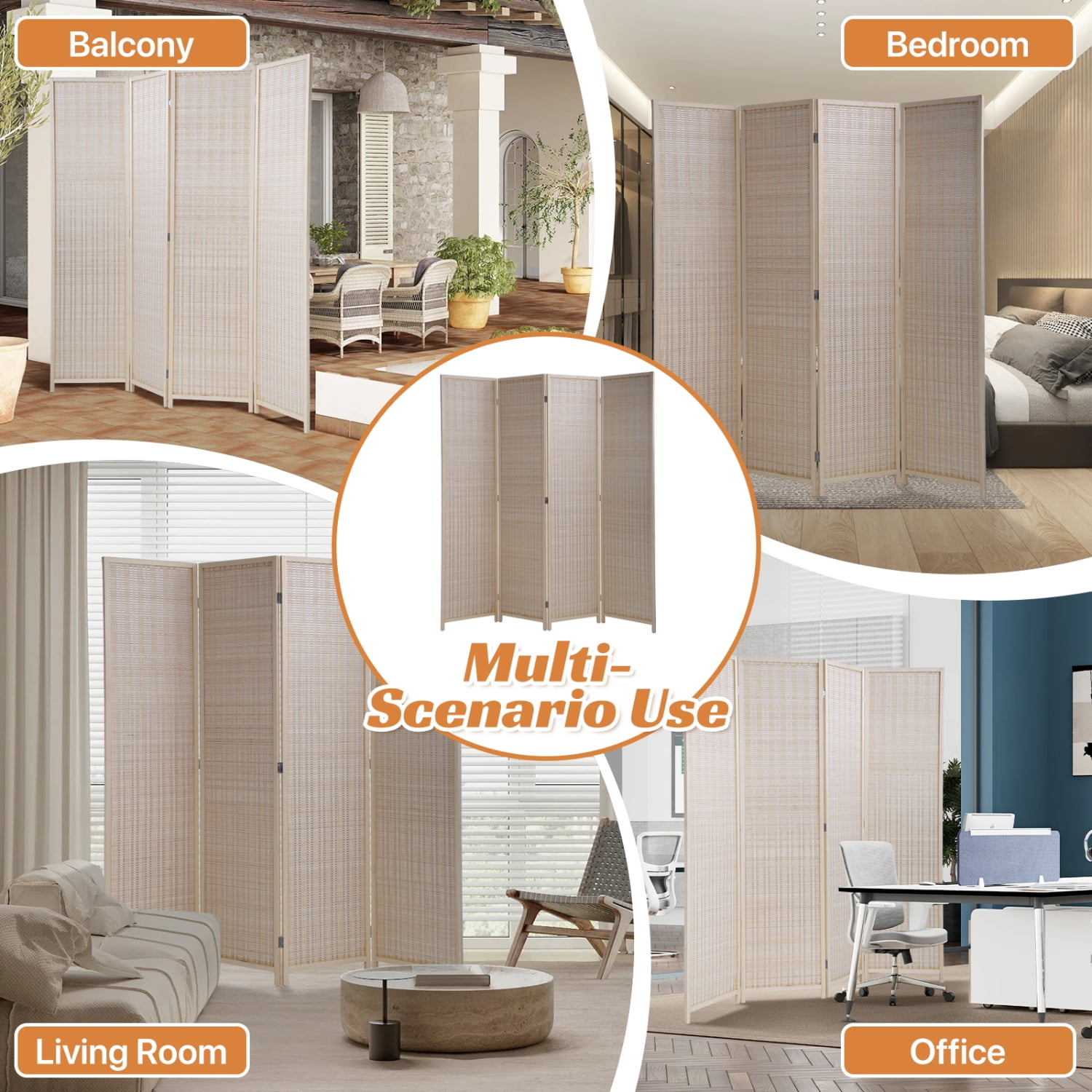 Bamboo Room Dividers with 4 Panel Folding Privacy Screen for Room Separation 72" Room Partitions and Dividers Freestanding Wall Divider for Home Office, Bedroom, Natural