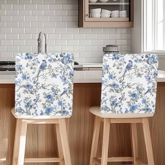 Chinese Style Chair Covers Set of 4 Blue Flowers and Birds Figure Chair Back Covers Stretch Removable Washable Chairs Slipcovers Chair Protector for Dining Room Kitchen Party Decor