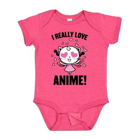 

Inktastic I Really Love Anime with Cute Anime Cat and Hearts Gift Baby Boy or Baby Girl Bodysuit