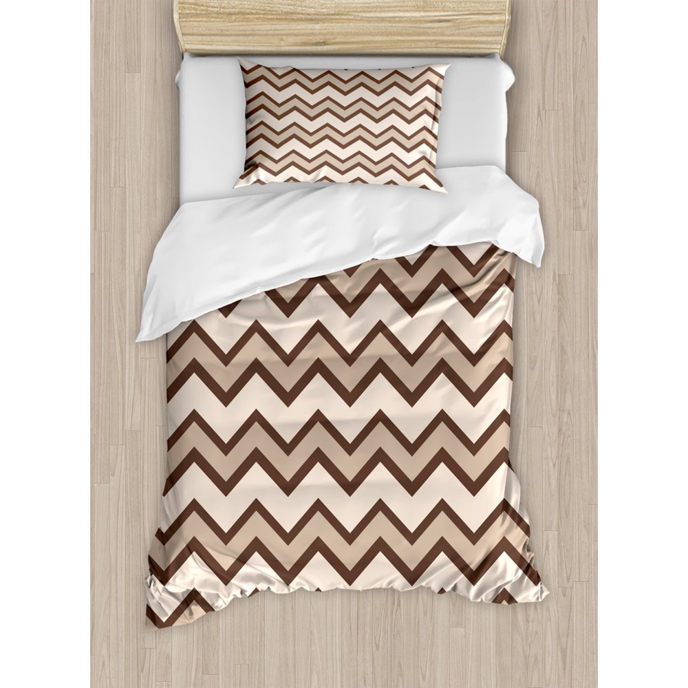 Tan Duvet Cover Set, Classic and Fashionable Chevron Zigzag Pattern Waves Geometric Retro Style
