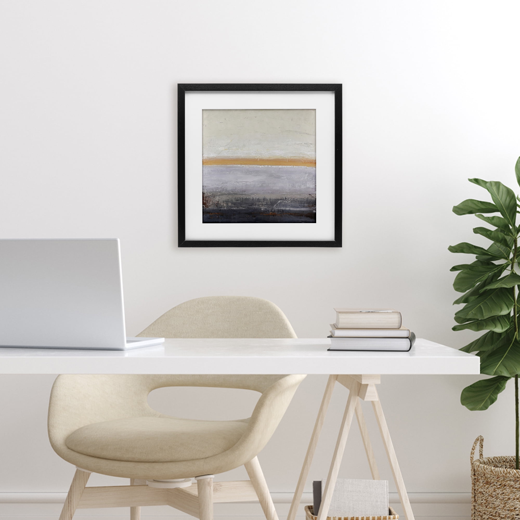 Warm Peachy Horizon Black Framed Print Under Glass, design by Design Fabrikken