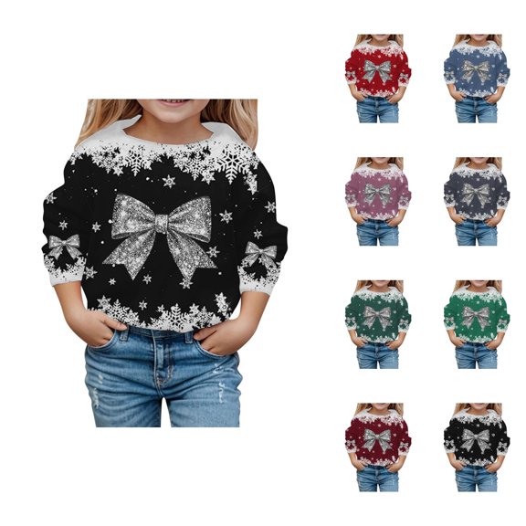 Girls Christmas Sweatshirt Long Sleeve Casual Crewneck Snowflake and Bow Graphic Sweatshirts Kids Pullover Tops 3-14 Years