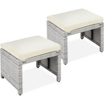 QRKD Set of 2 Wicker Ottomans, Multipurpose Outdoor Furniture for Patio, Backyard, Additional Seating, Footrest, Side Table w/Removable Cushions, Steel Frame - Gray/Cream