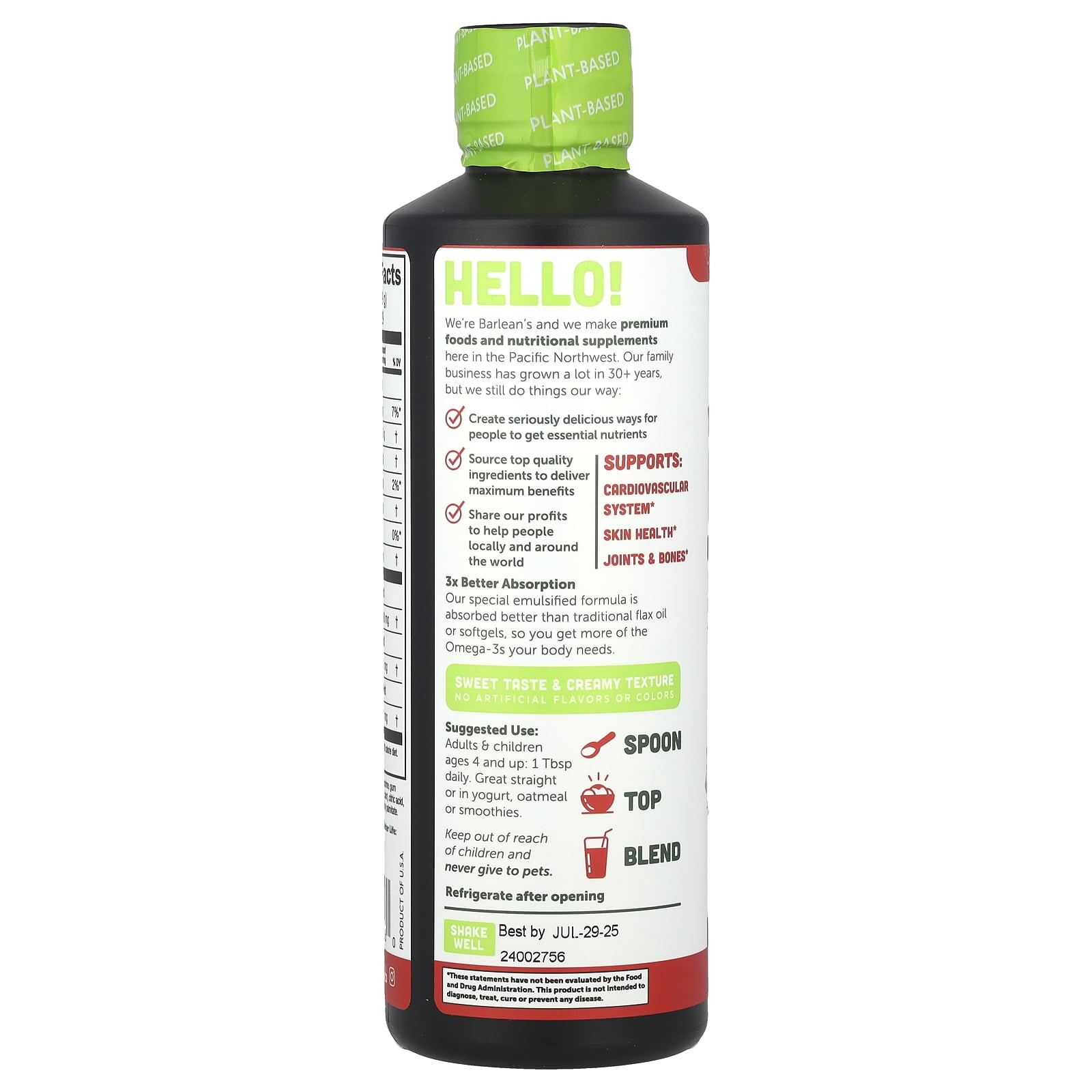 Barlean's Seriously Delicious, Omega-3 from Flax Oil, Strawberry Banana Smoothie, 2,968 mg, 16 oz (454 g)