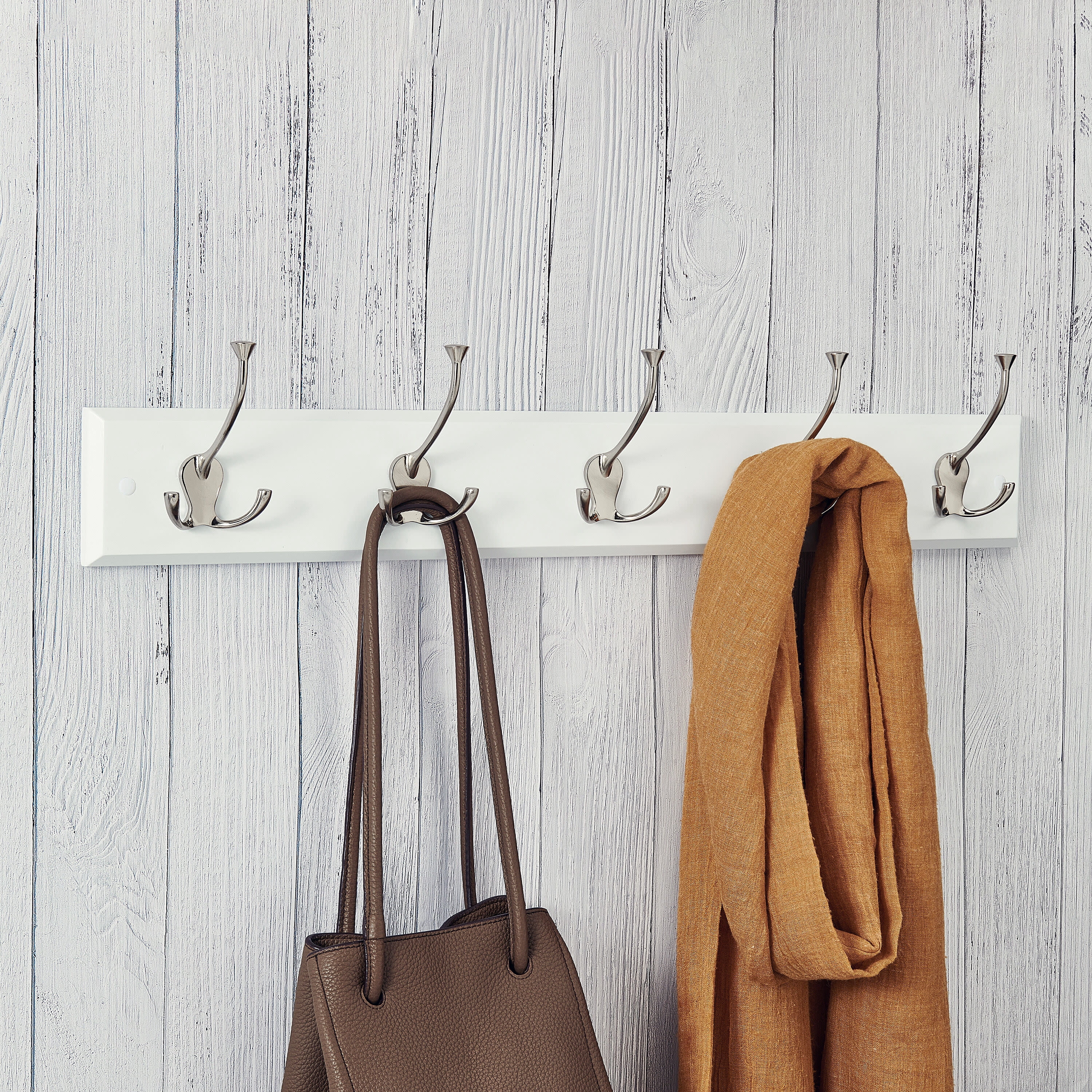 Melannco 27X5 Inch Wall Mount MDF Coat Rack With 5 Silver Metal