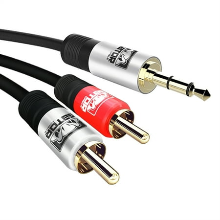 6 Auxiliary Audio Cable GATOR CABLE AUX to 2 RCA cable - SILVER/RED-SILVER - 6 FT - Gold Plated Connectors - Auxiliary 3.5mm Audio Plug Stereo Phone Cable Cord ()