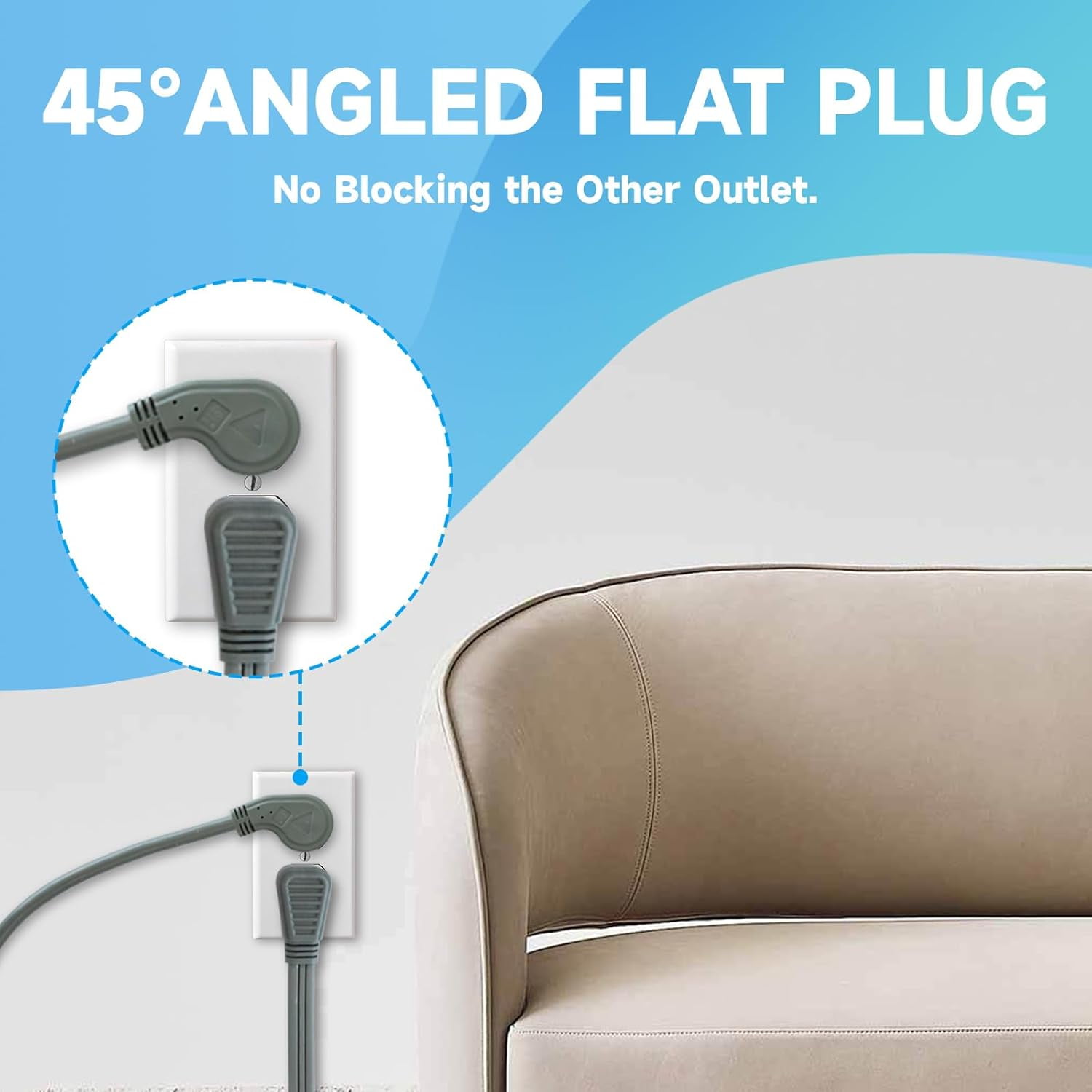 10 Ft Flat Plug Extension Cord，16/3 SJT Indoor Low Profile 3 Outlets Extension Cable with 45° Angled Flat Plug, Multiple Outlets Extension Cord, Grey