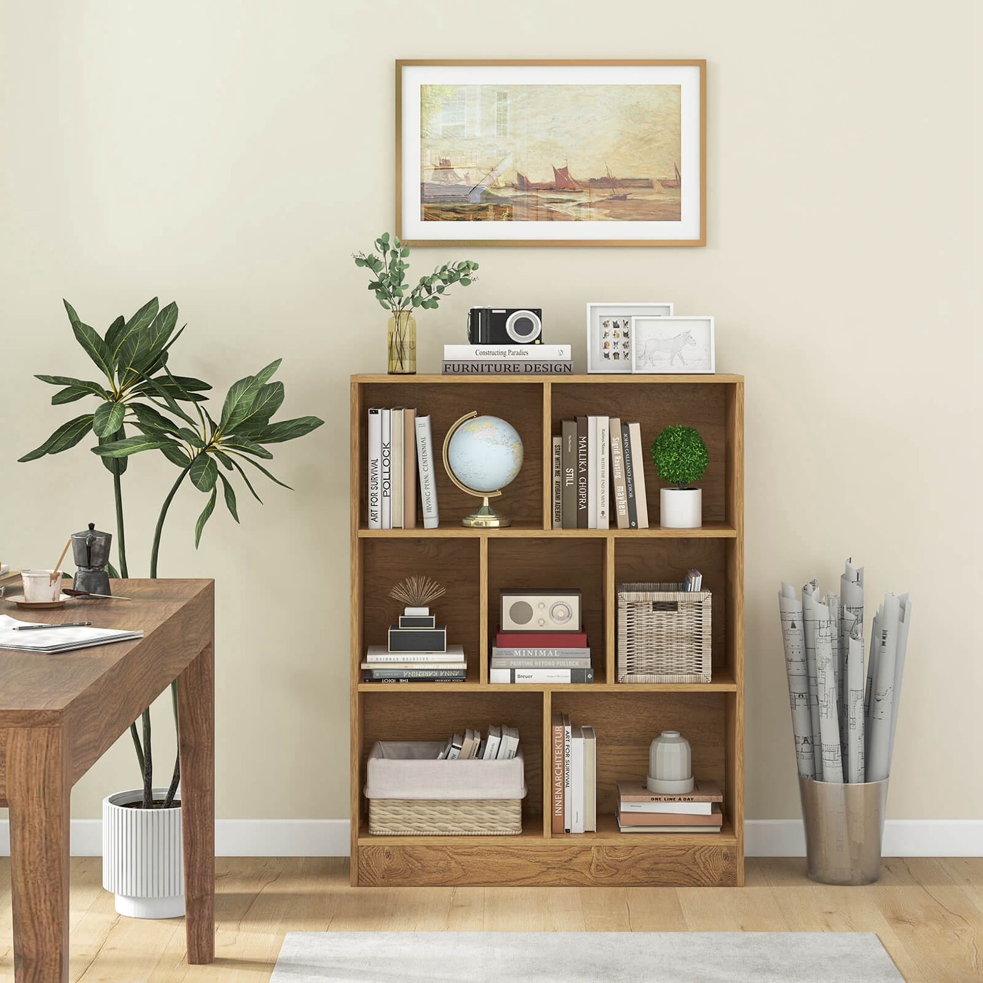 Costway 7-Cube Bookcase for Kids 41" Wooden Toy Storage Organizer Freestanding Bookshelf Brown