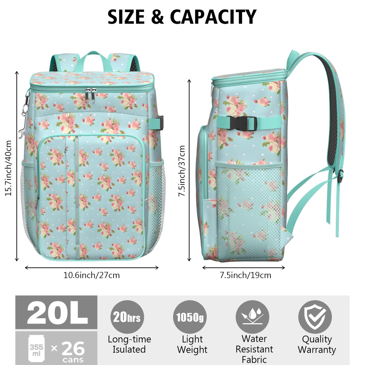Travel Cooler Bag - Pioneer Flower Floral Print Pattern Camping Beer Cooler Backpack with Bottle Opener- Waterproof Insulated Picnic Backpacks - Cooler Bag for Beach