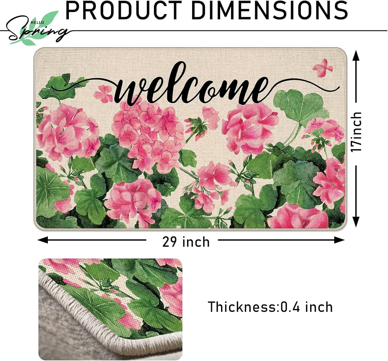Welcome Spring Summer Geranium Flower Decorative Front Door Mat, Pink Floral Doormat Indoor Outdoor Non-Slip Floor Entryway Rug, Seasonal Home Kitchen Decoration 17x29 Inch