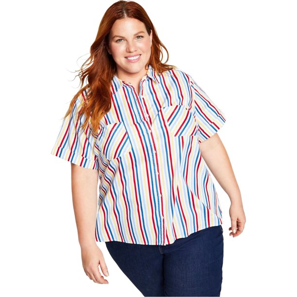 Tommy Hilfiger Womens Stripe Camp Button Up Shirt, bluemulti, Plus Size, 2X