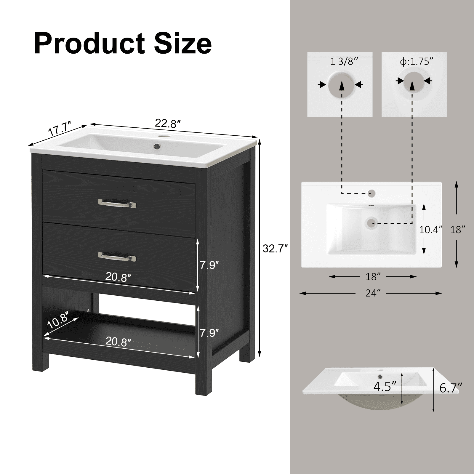 EVOKEDEN 24” Bathroom Vanity with Sink, Modern Bathroom Cabinet Set with LED Light for Small Space, 2 Soft-Close Drawers with Organizer, Black
