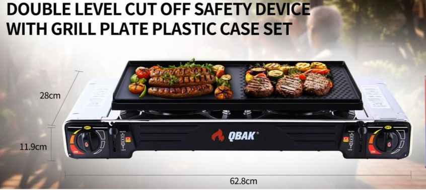 2 Burner Portable Gas Stove Dual-use Outdoor Camping Gas Cooker BBQ Grill Tabletop Cassette Stove with Baking Plate 62.8*28*12cm