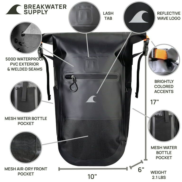 Breakwater Supply Meanhigh Dry Bag Waterproof Backpack, 25L, Small, for  Kayaking, Backpacking, Hiking, Hunting, Fishing + Floating, Rolltop, Light