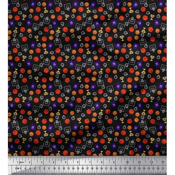 Soimoi Georgette Viscose Fabric Trophy,Timer Clock & Basketball Sports Decor Fabric Printed Yard 42 Inch Wide