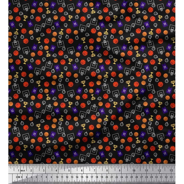 Soimoi Cotton Duck Fabric Trophy,Timer Clock & Basketball Sports Print Fabric by Yard 42 Inch Wide