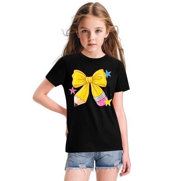 Girls Crewneck Short Sleeve Printed T Shirt Casual Back to School Pullover Knit Top with Graphic Bow Pencil Pattern