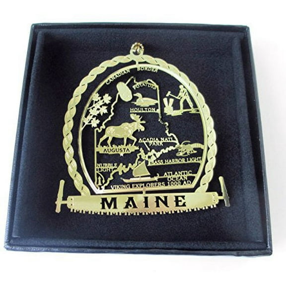 I Love My State Maine Brass Christmas Ornament Black Leatherette Gift Box
